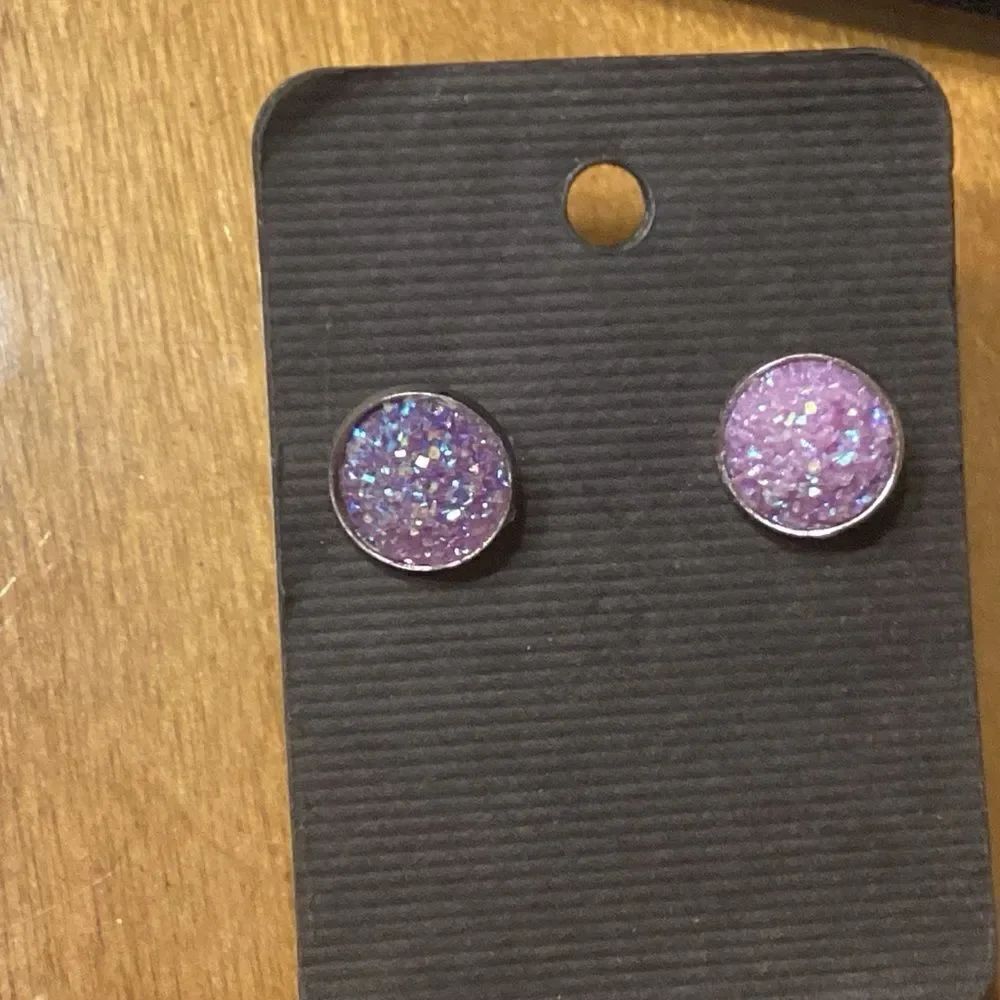 Purple Sparkly Silvertone Bezel Earrings